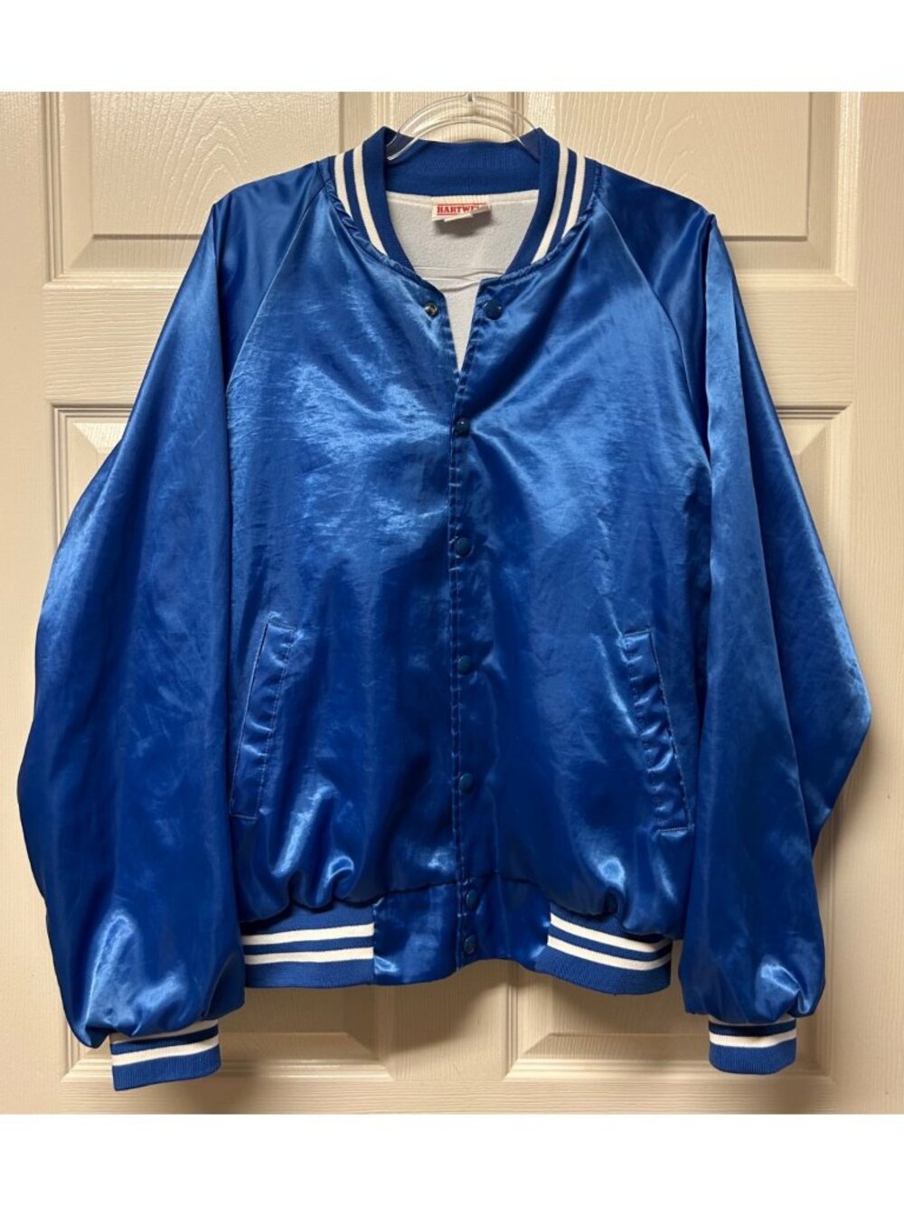 Vintage Hartwell Blue Satin Varsity Bomber Jacket Snaps Striped Trim Sz L Retro